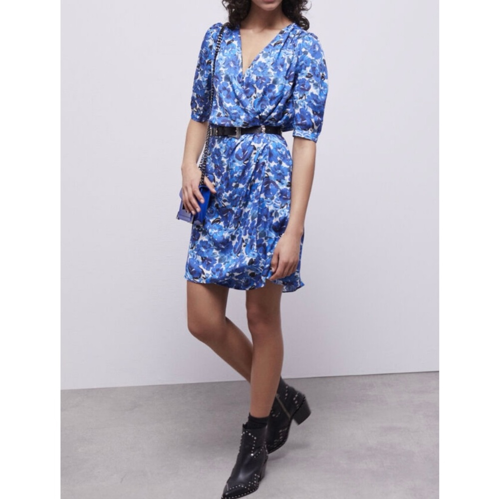 The Kooples Smooth Flowers Blue Floral Print Wrap Dress Boho French Girl Chic M4